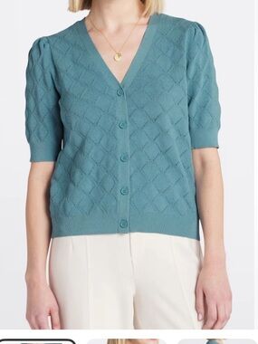 NWT Les Serein Menton Diamond-Textured Short-Sleeve Button Cardigan. Aqua. XL